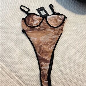 Fashion Nova Brown Marble Bodysuit with Black Accents